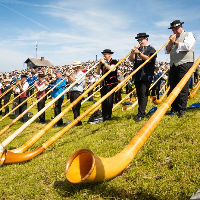 Der Weltrekord des grössten Alphorn-Ensembles mit 1006 Alphornbläser auf der Klewenalp im Sommer 2024.