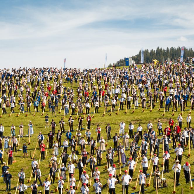Der Weltrekord des grössten Alphorn-Ensembles mit 1006 Alphornbläser auf der Klewenalp im Sommer 2024.