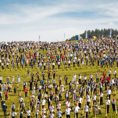 Der Weltrekord des grössten Alphorn-Ensembles mit 1006 Alphornbläser auf der Klewenalp im Sommer 2024.