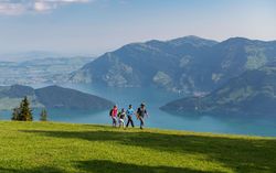 Familie am Wandern im Gebiet Klewenalp-Stockhütt, im Hintergrund das Panorama über den Vierwaldstättersee und die umliegenden Berge